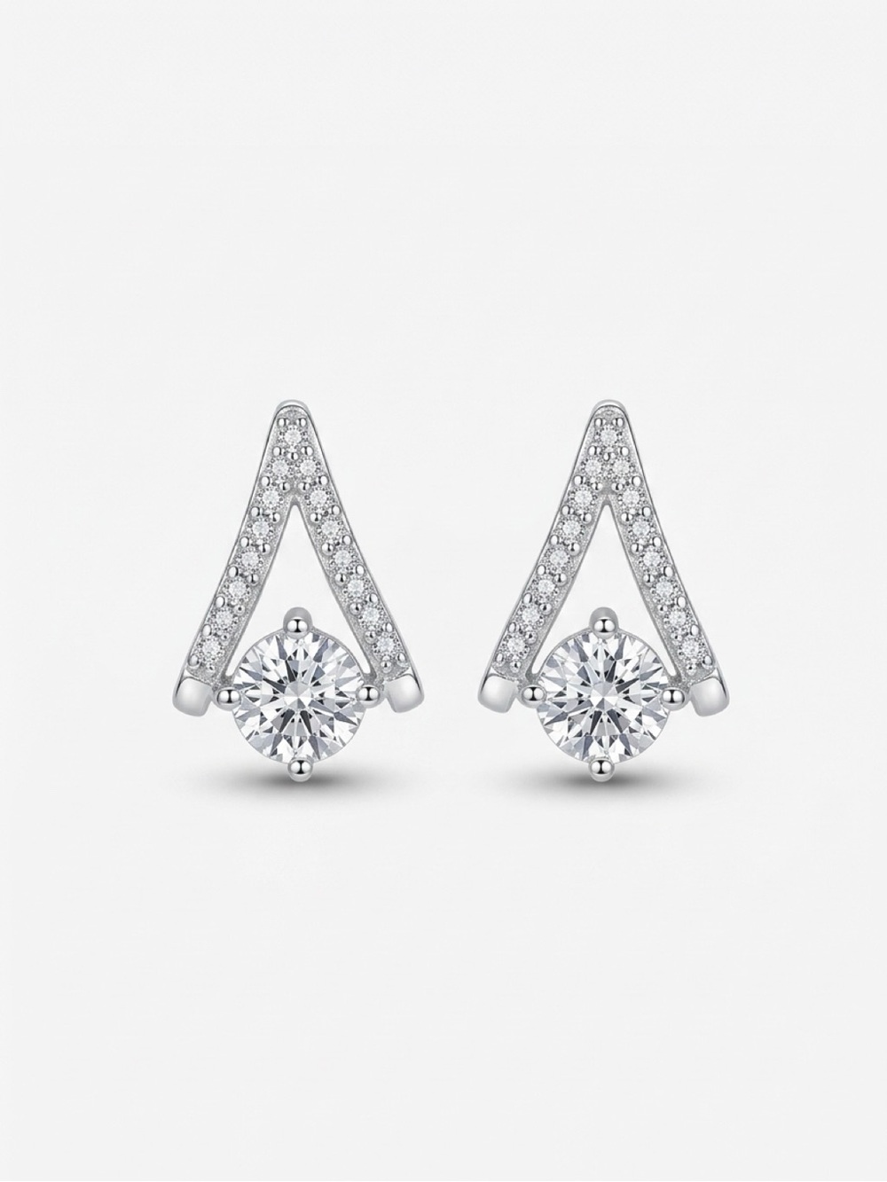 S925 sterling silver earrings feature a geometric open-triangle W/pave Stones